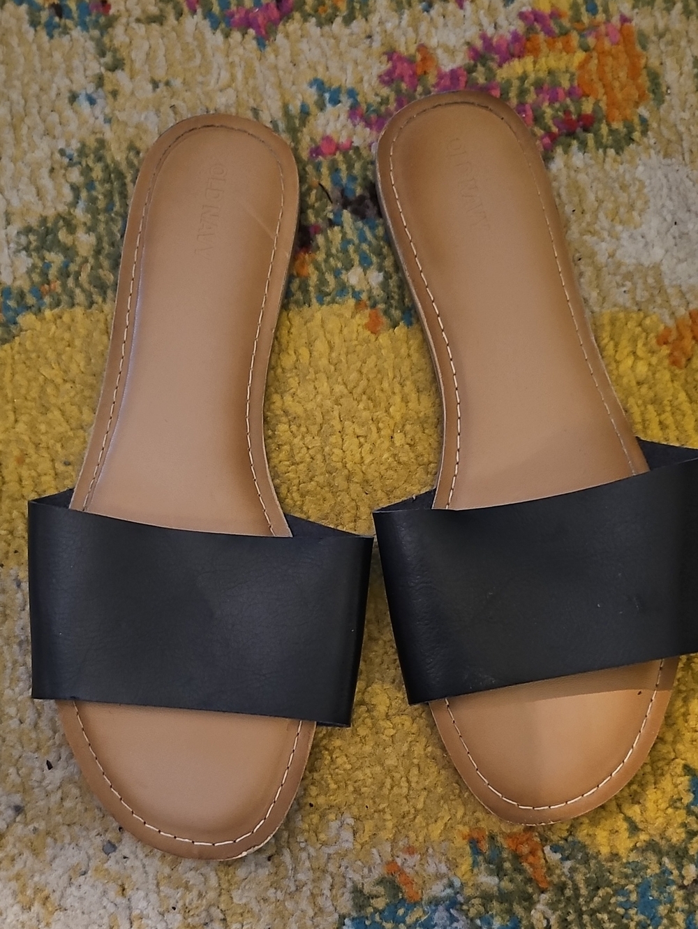 Old Navy Black Slide Sandals with Tan Footbed